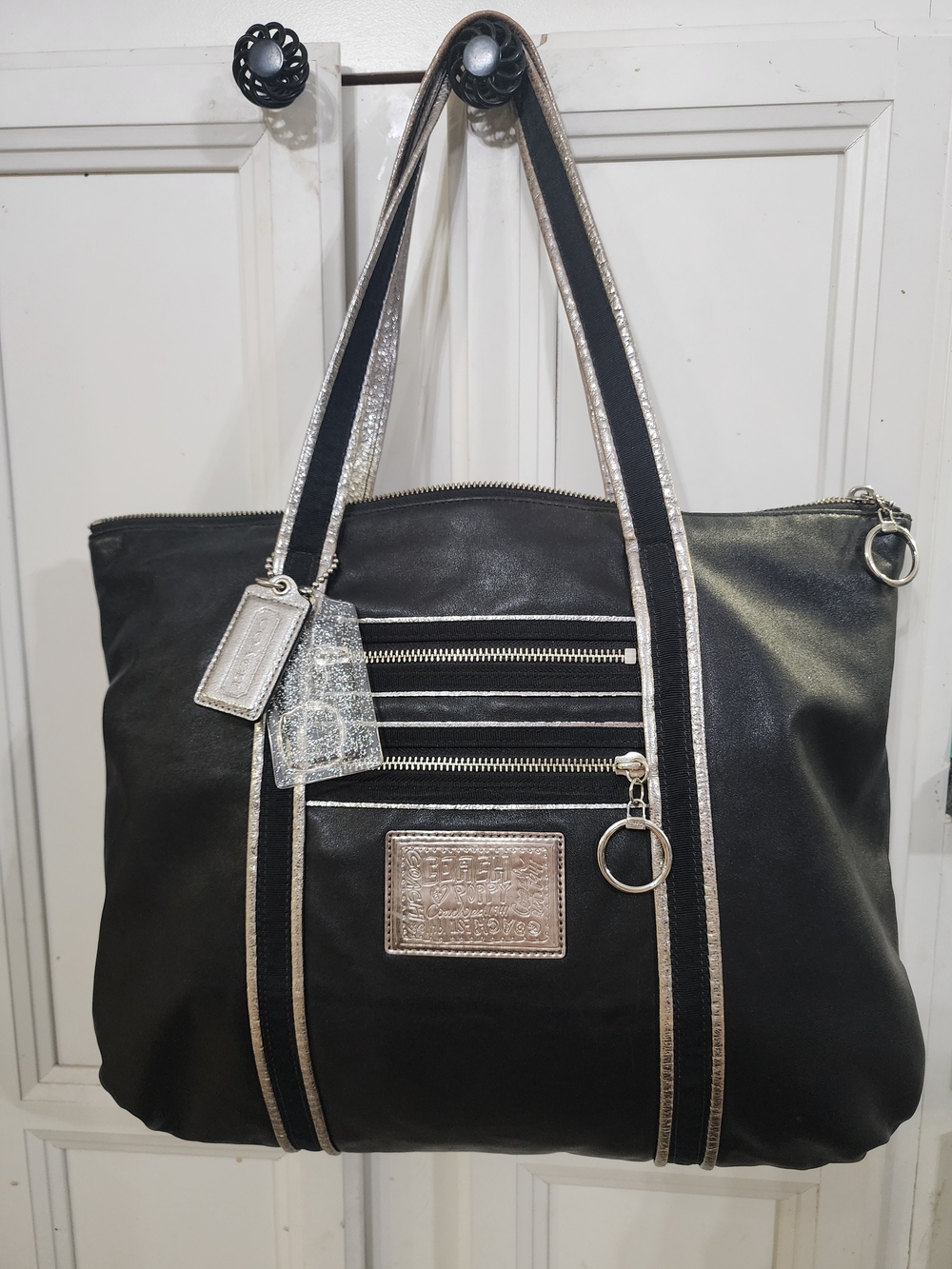 Coach Poppy Glam Black Leather Tote with Silver Trim- 15×12×3.5